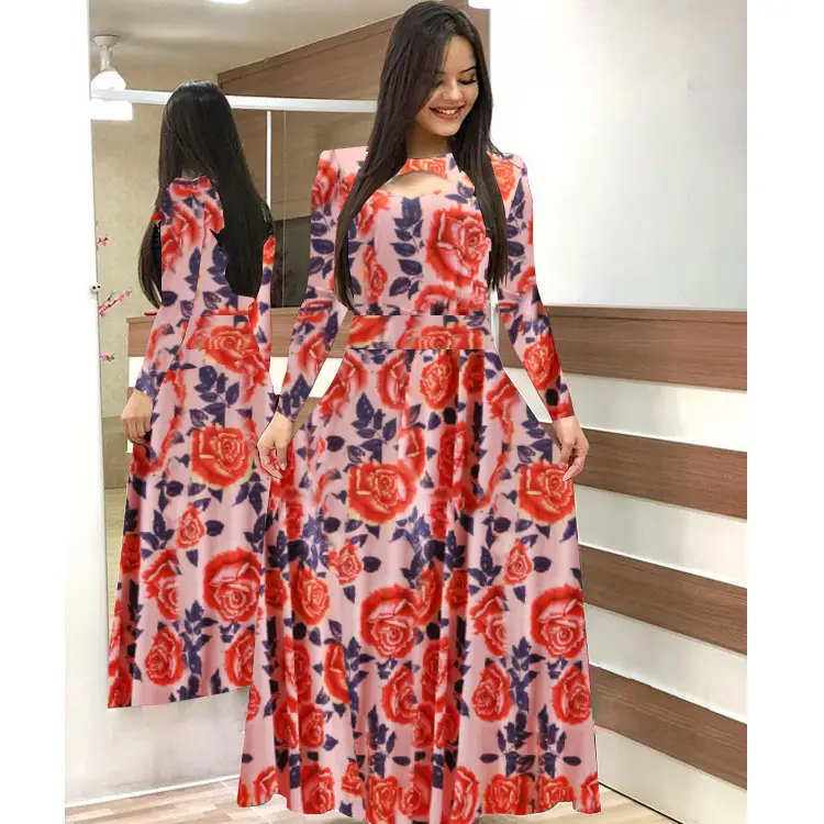 Digital Printed Floral Dress White Red Green European Style