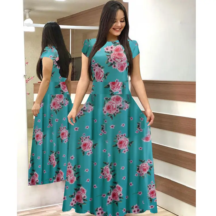 Digital Printed Floral Dress White Red Green European Style