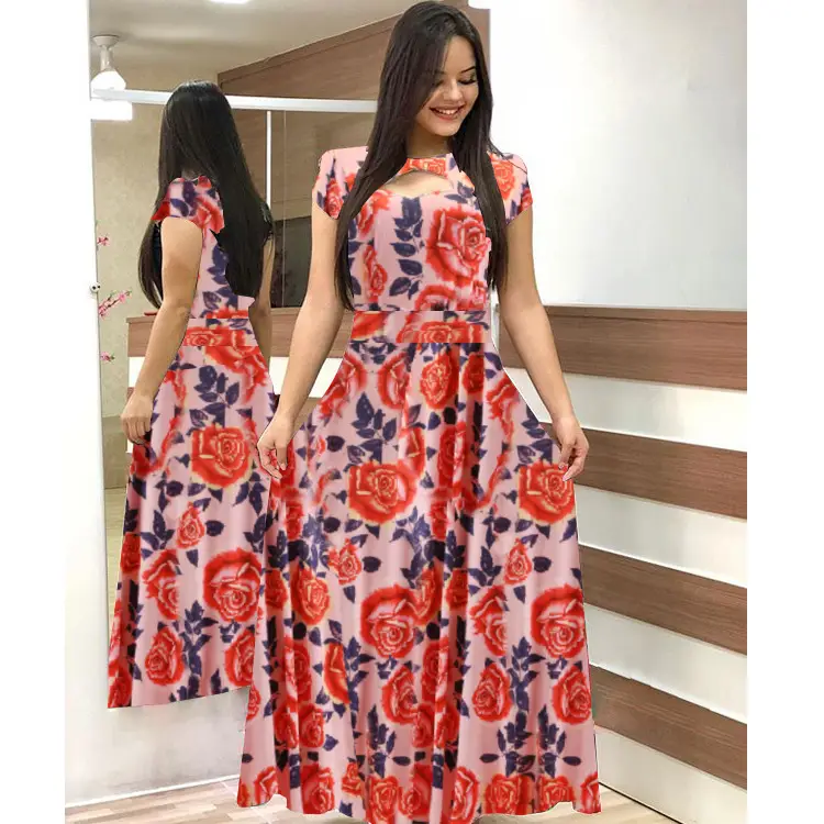 Digital Printed Floral Dress White Red Green European Style