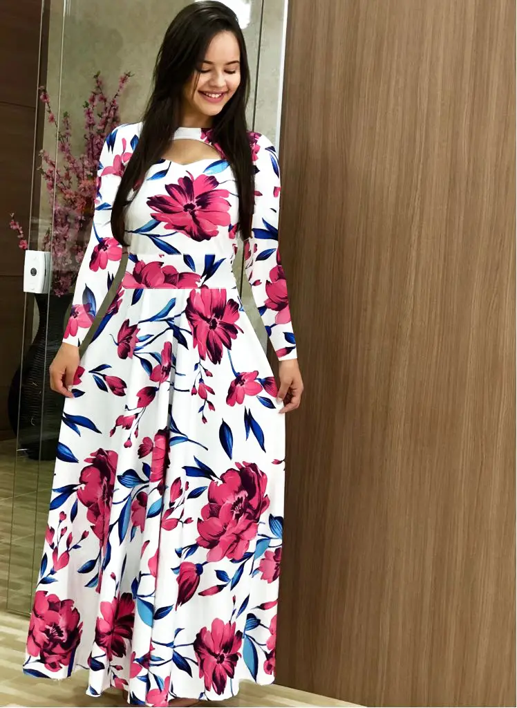 Digital Printed Floral Dress White Red Green European Style