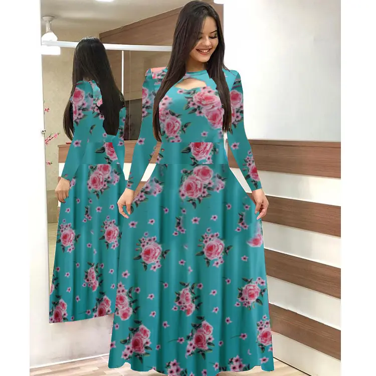 Digital Printed Floral Dress White Red Green European Style