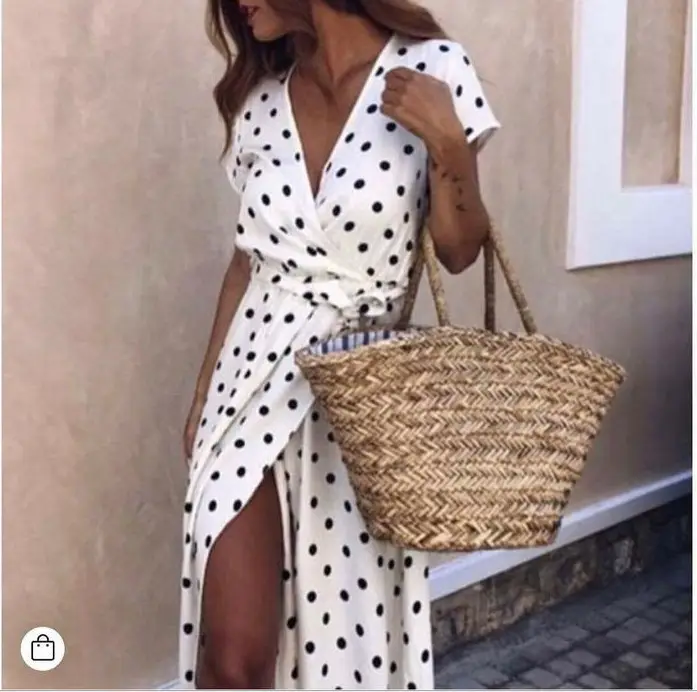 2024 Polka Dot Slit Long Skirt Dress White - Image 6