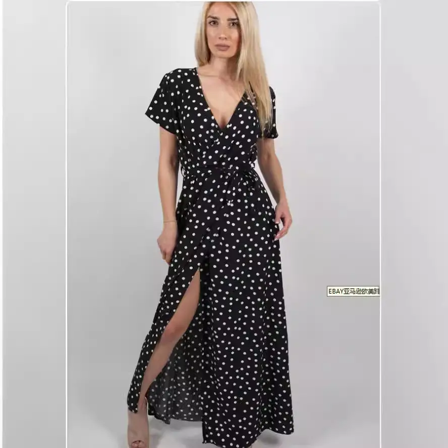 2024 Polka Dot Slit Long Skirt Dress White - Image 7