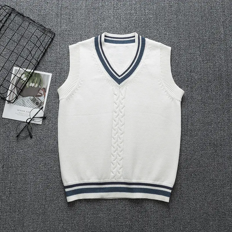 Gentle & One V-neck Sleeveless Vest Sweater White Blue - Image 4