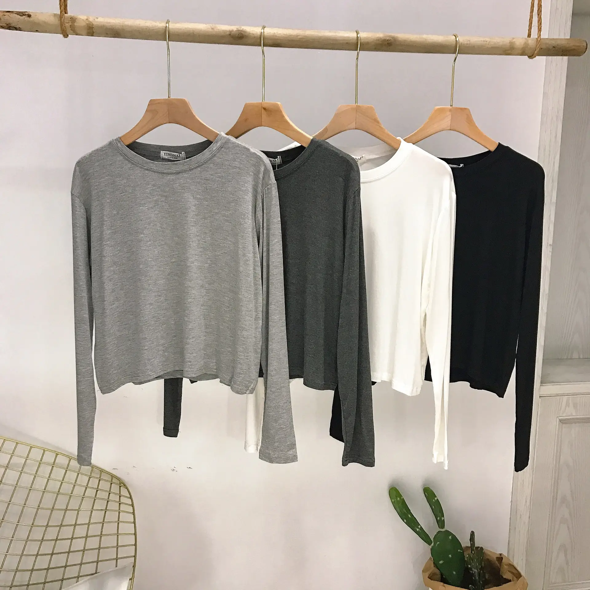 Women Long Sleeve T-Shirt Grey White Black Large Korean Style - Image 5