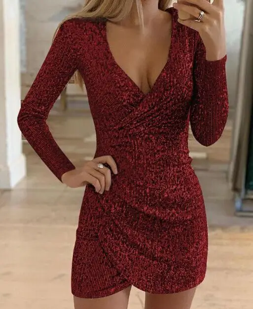 Women Wrap Dress V Neck Sequin Short Summer Wear - Image 2