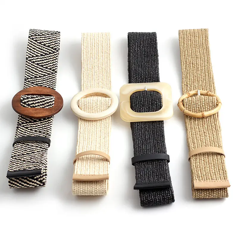 Women's Black Striped Square Buckle Belt with Gold Plated Buckle