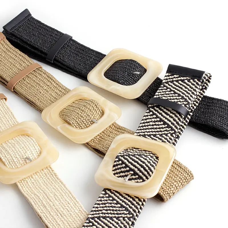 Women's Black Striped Square Buckle Belt with Gold Plated Buckle