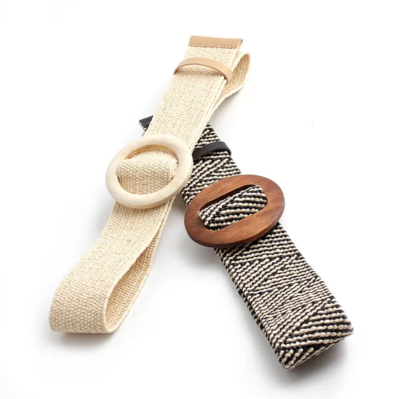 Women's Black Striped Square Buckle Belt with Gold Plated Buckle