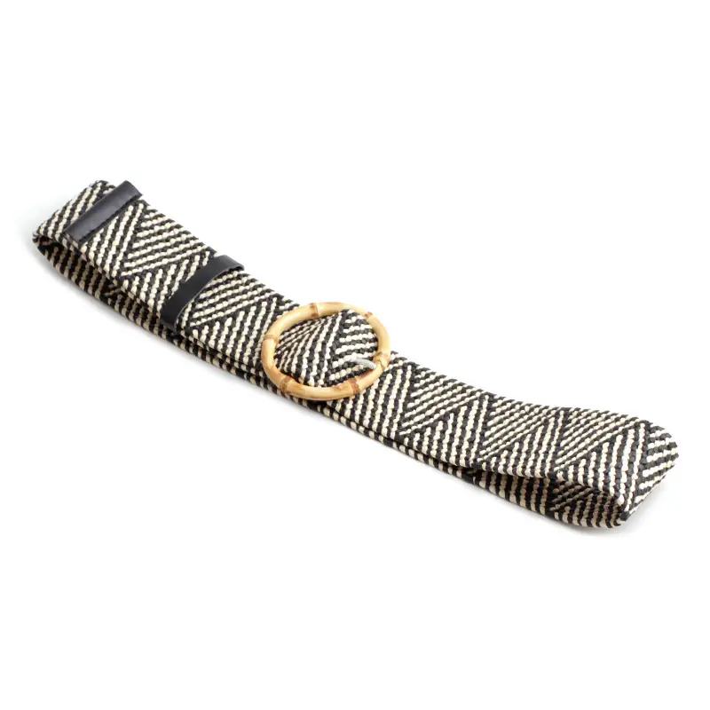 Women's Black Striped Square Buckle Belt with Gold Plated Buckle