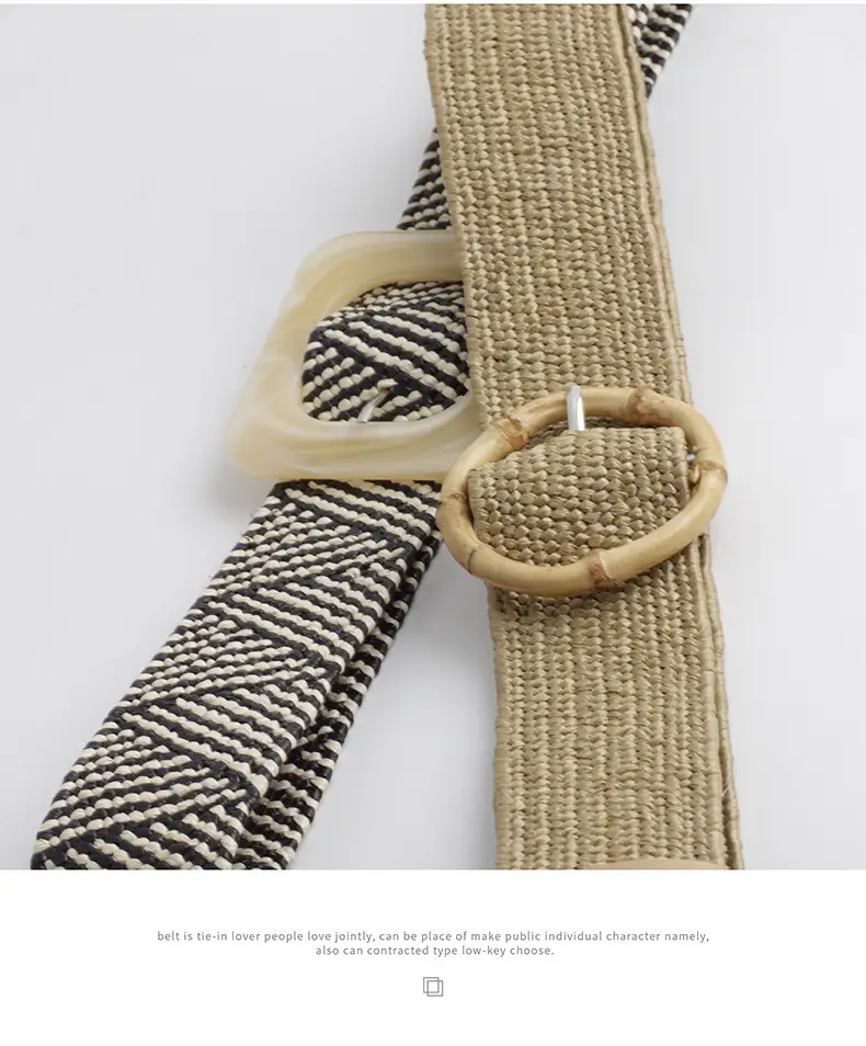 Women's Black Striped Square Buckle Belt with Gold Plated Buckle — feature 10