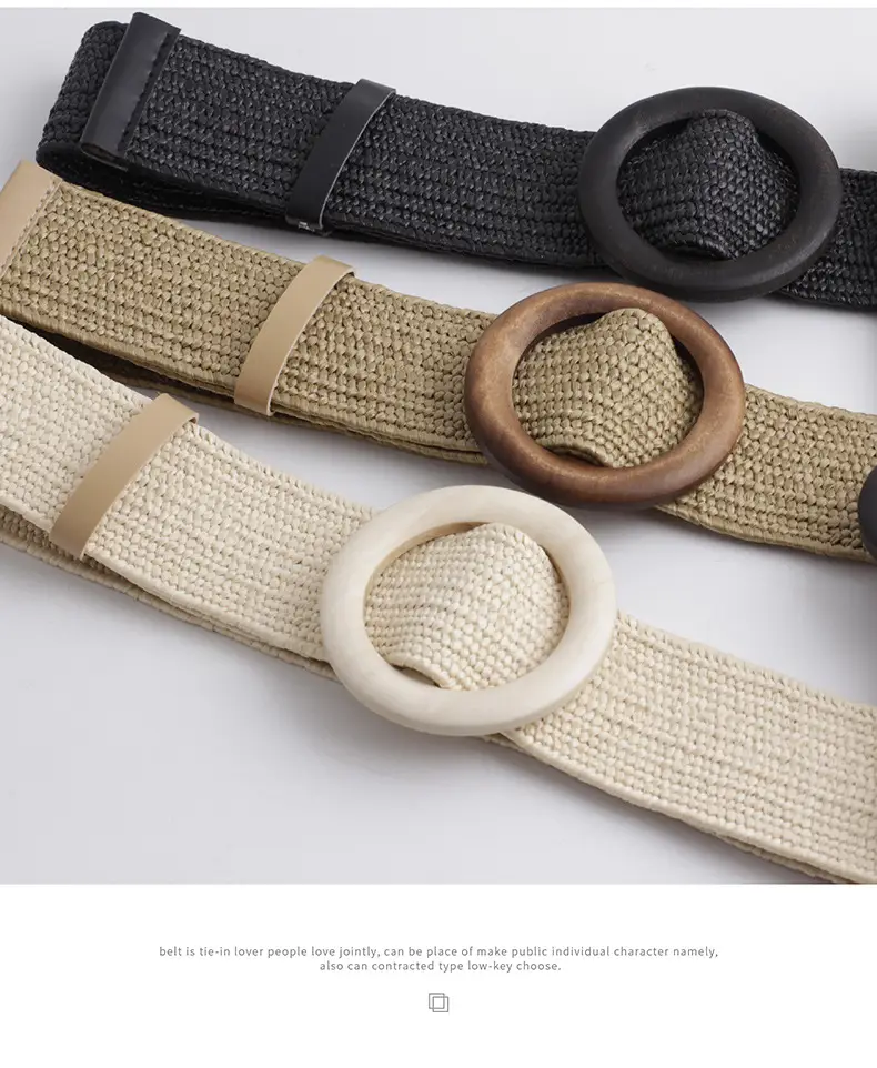Women's Black Striped Square Buckle Belt with Gold Plated Buckle — feature 11