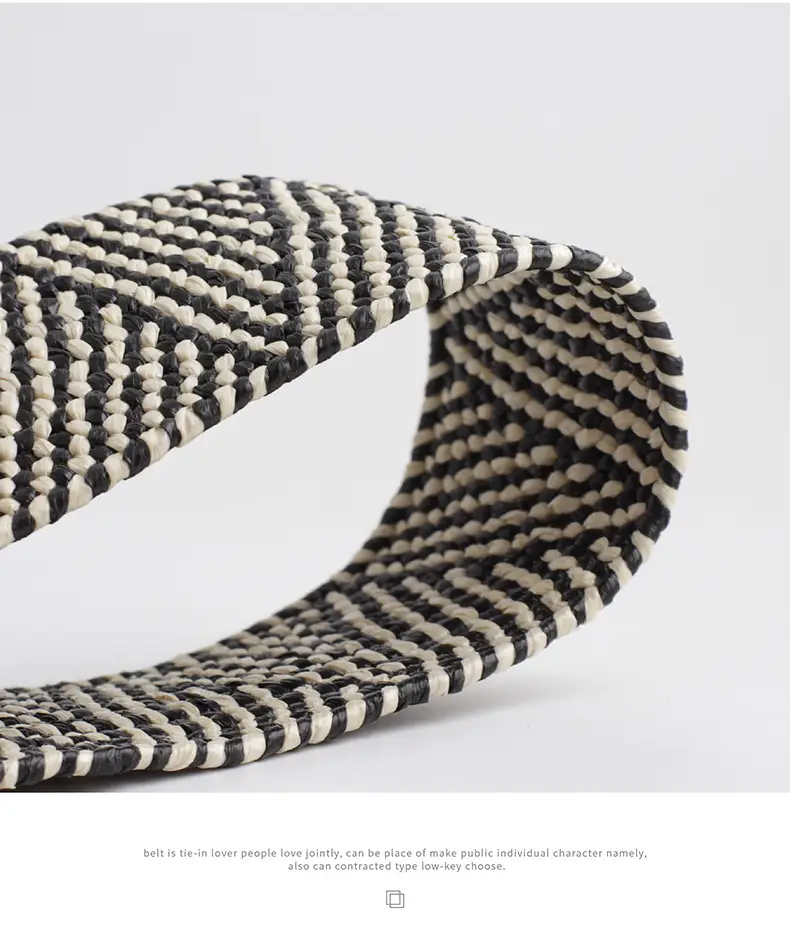 Women's Black Striped Square Buckle Belt with Gold Plated Buckle — feature 12