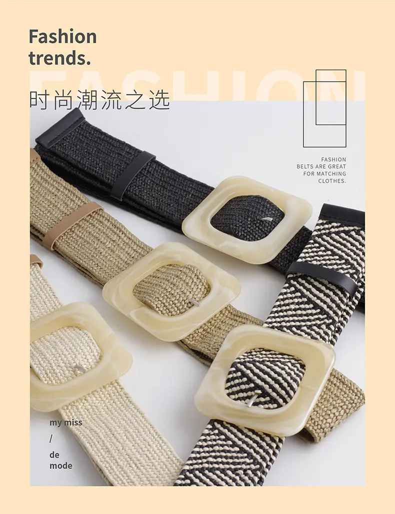 Women's Black Striped Square Buckle Belt with Gold Plated Buckle — feature 2
