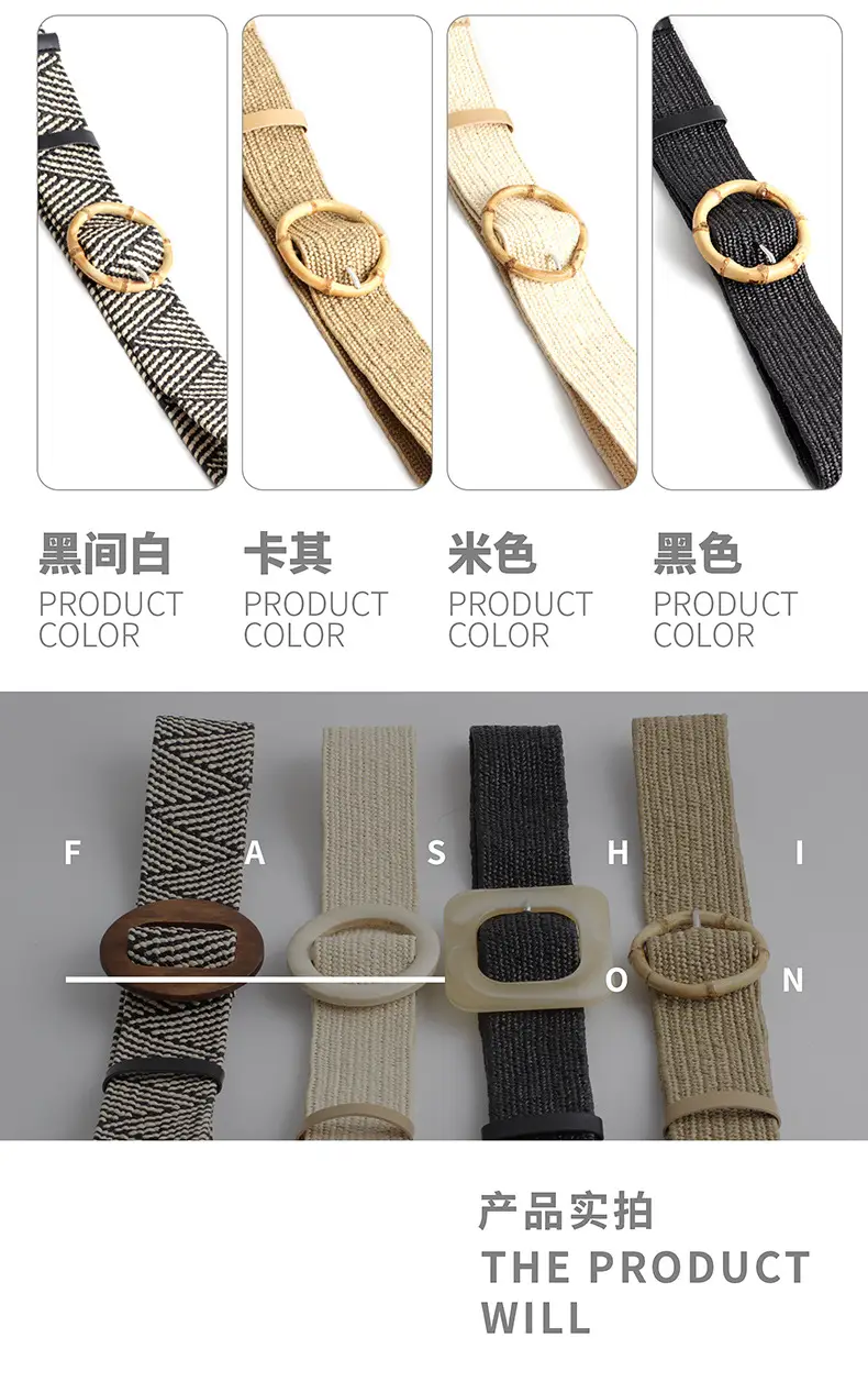 Women's Black Striped Square Buckle Belt with Gold Plated Buckle — feature 6