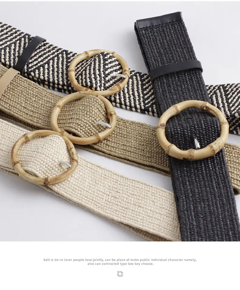 Women's Black Striped Square Buckle Belt with Gold Plated Buckle — feature 8
