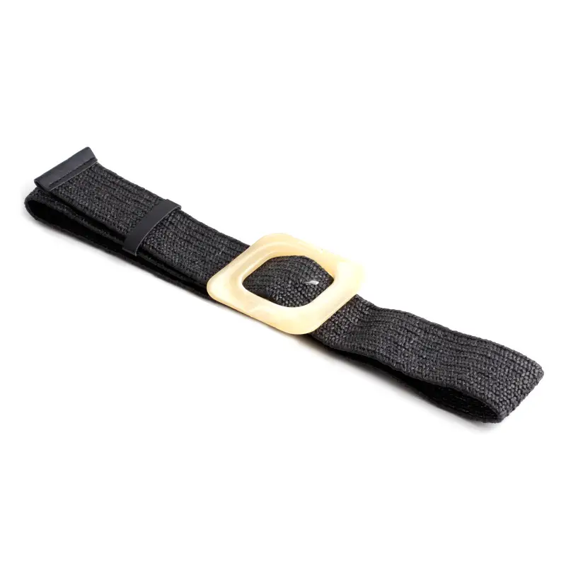 Women's Black Striped Square Buckle Belt with Gold Plated Buckle
