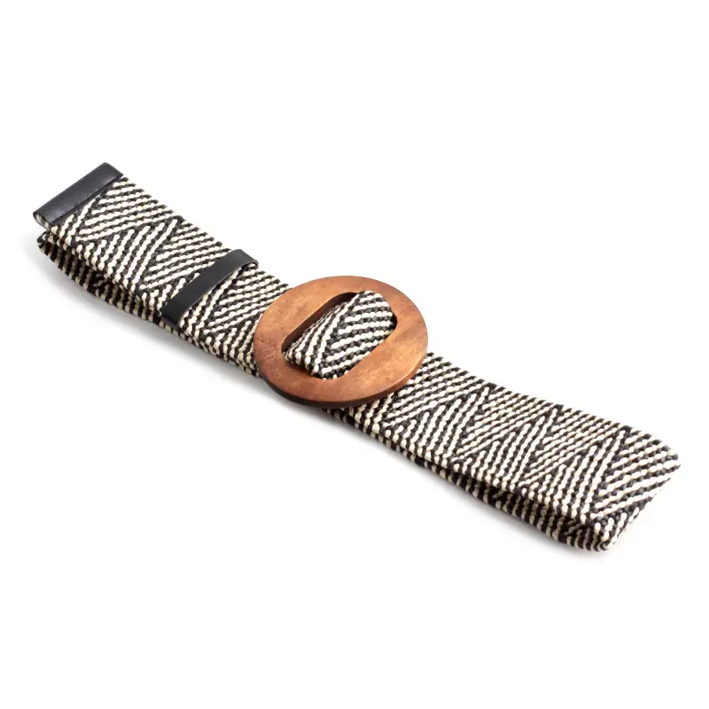 Women's Black Striped Square Buckle Belt with Gold Plated Buckle