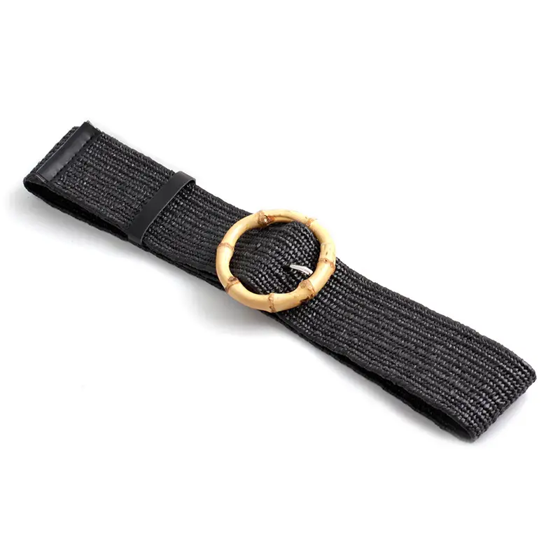 Women's Black Striped Square Buckle Belt with Gold Plated Buckle