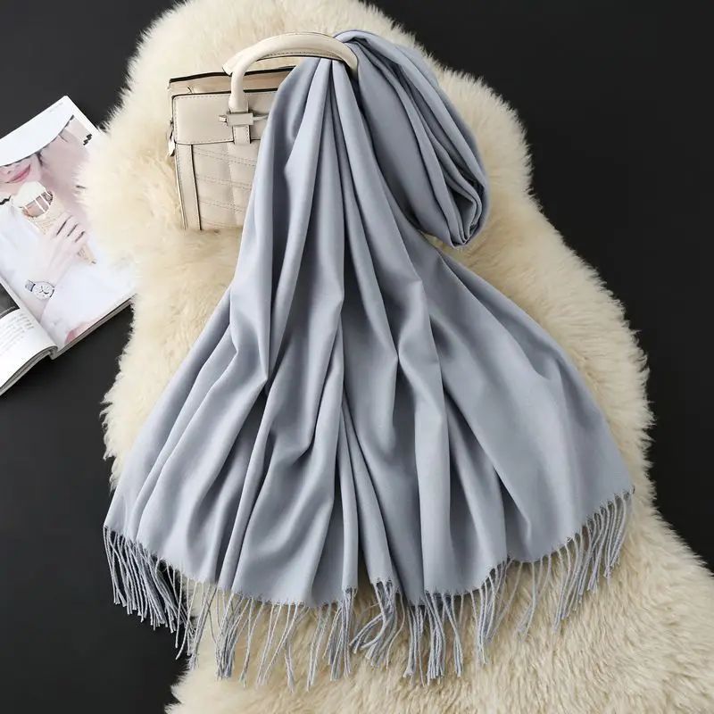 Autumn and Winter Classic Solid Color Light Thorned Imitation Cashmere Tassel Scarf for Men and Women Embroidered Printed Boutique Gift Scarf Wholesale