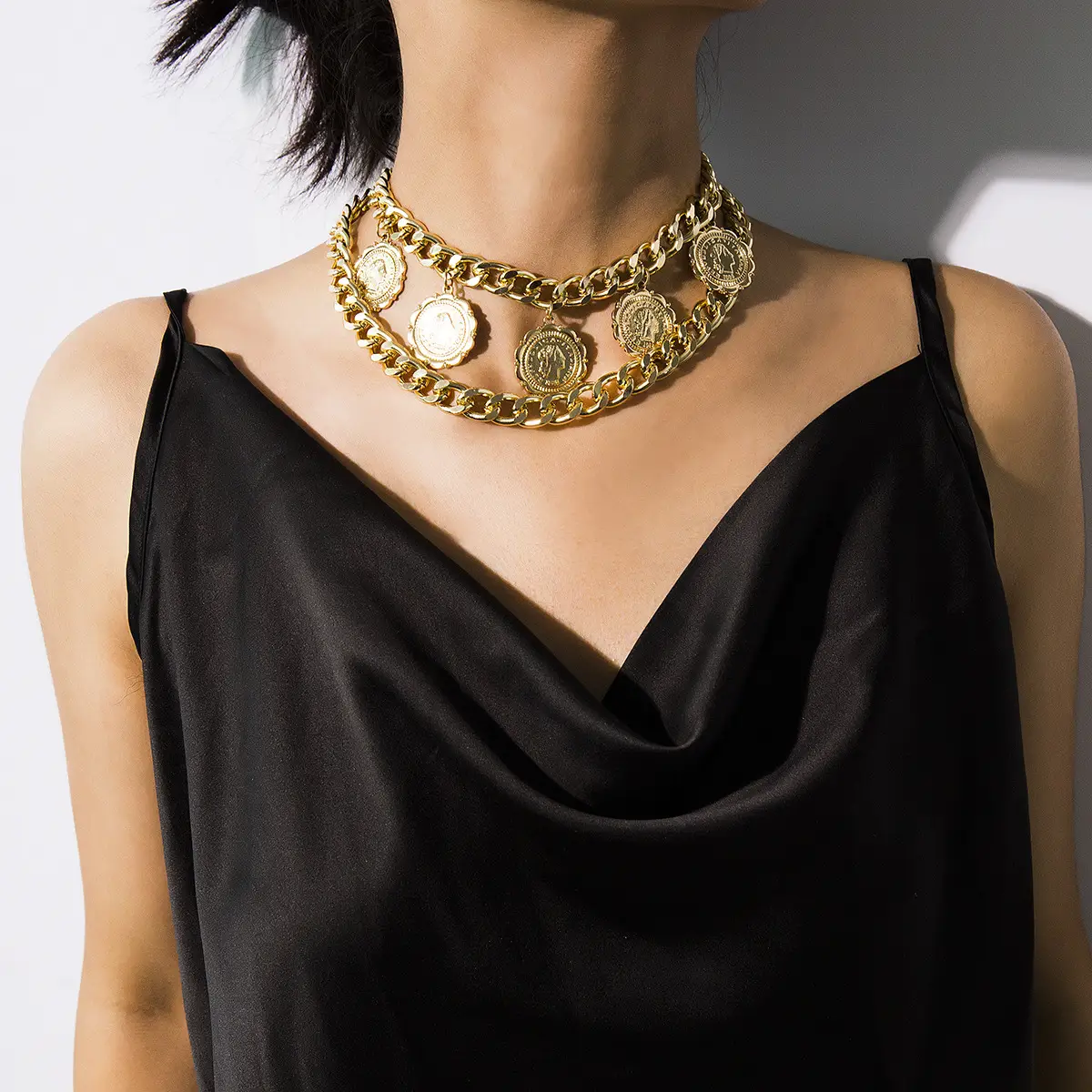 Gold Retro Geometric Multi Layer Necklace for Women