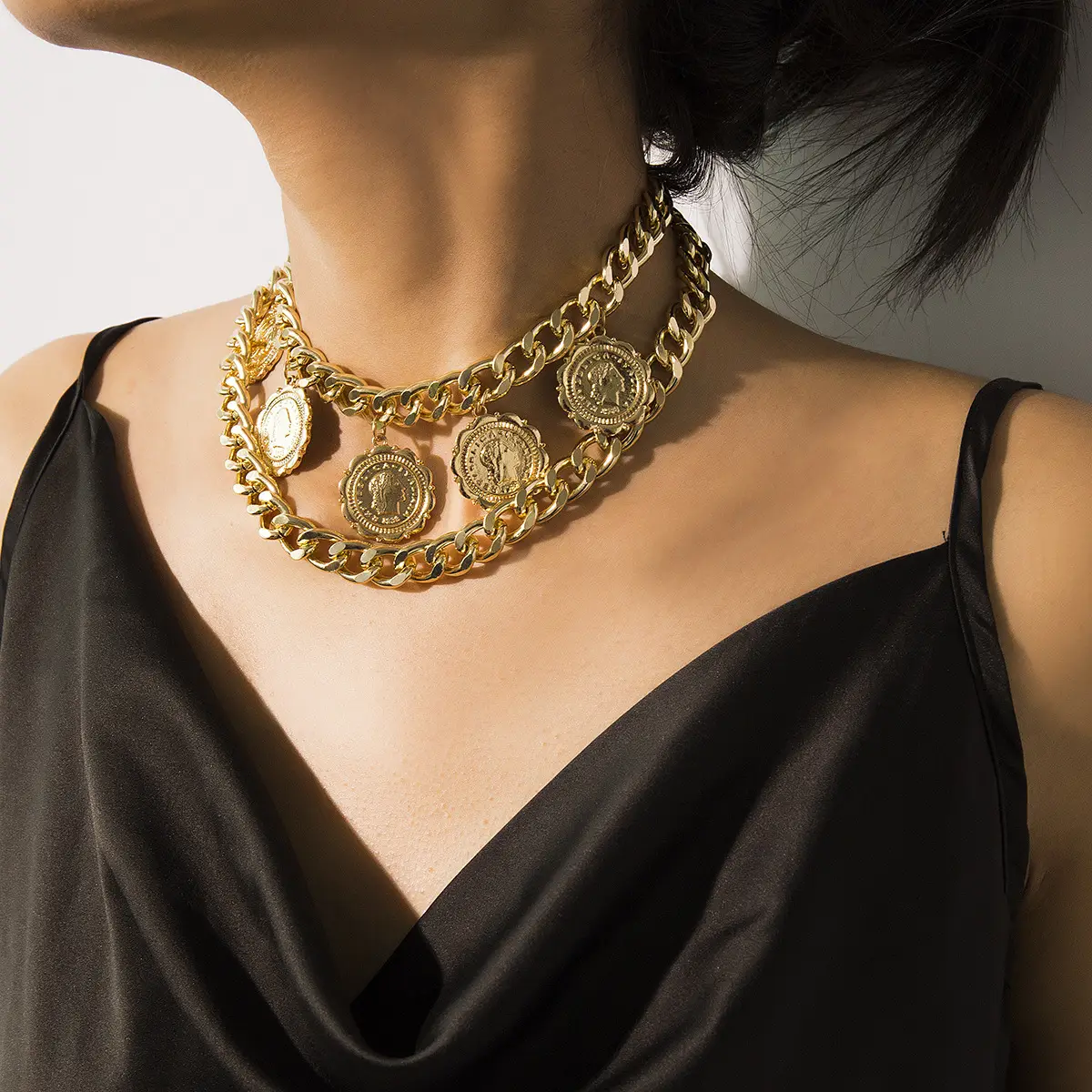 Gold Retro Geometric Multi Layer Necklace for Women