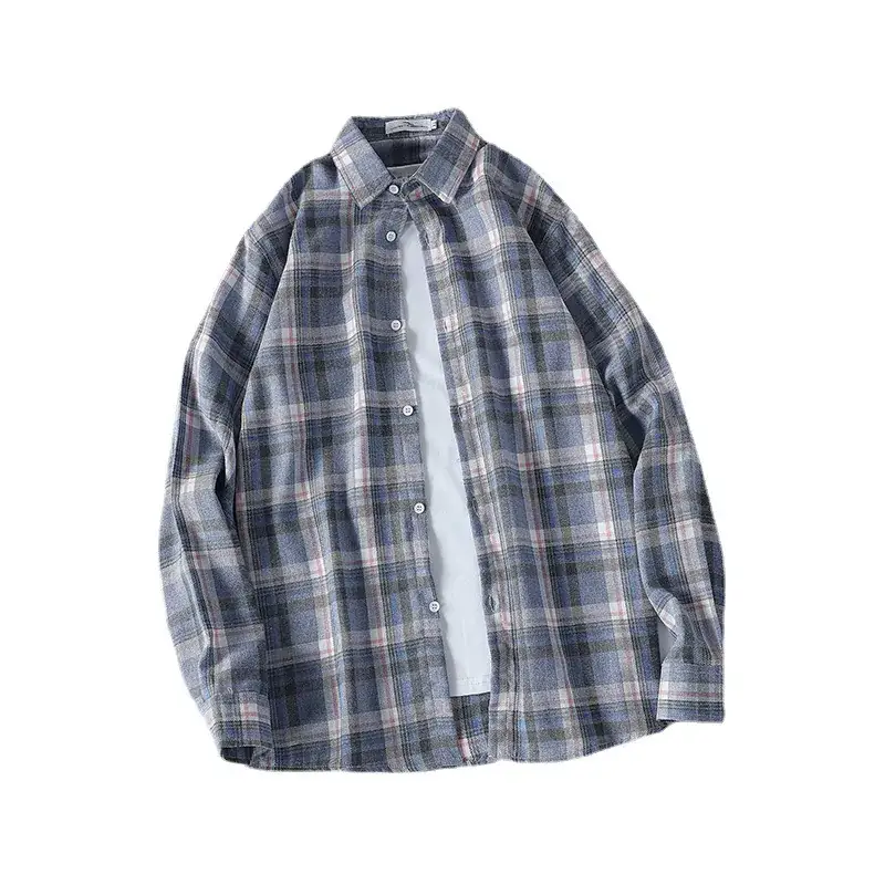 Men's Long Sleeve Plaid Shirt Korean Style Loose Casual - Image 7
