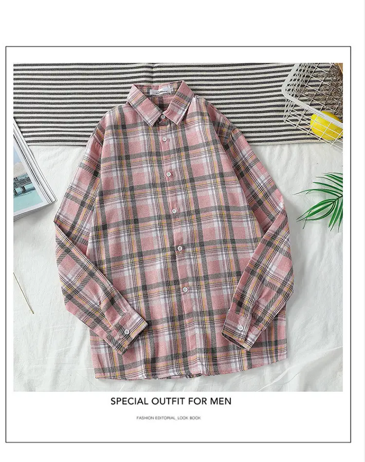 Men's Long Sleeve Plaid Shirt Korean Style Loose Casual — feature 49
