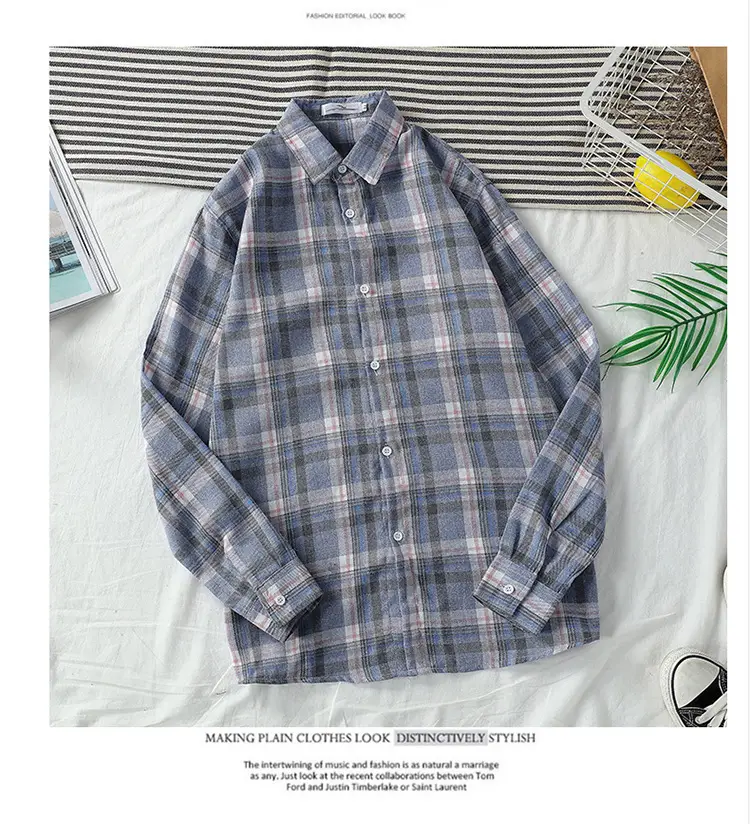 Men's Long Sleeve Plaid Shirt Korean Style Loose Casual — feature 53