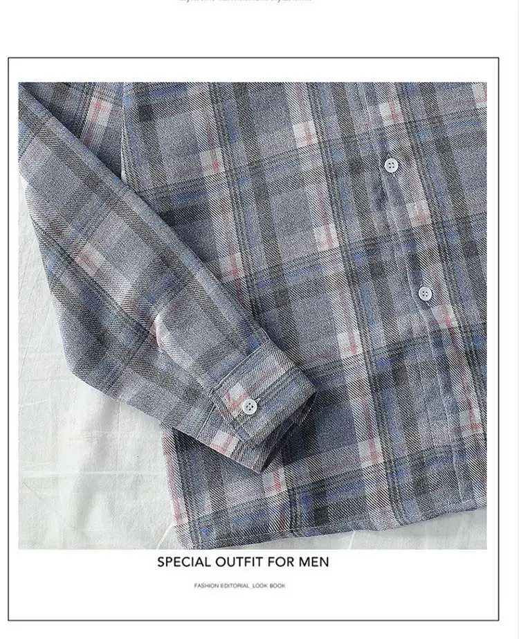 Men's Long Sleeve Plaid Shirt Korean Style Loose Casual — feature 57