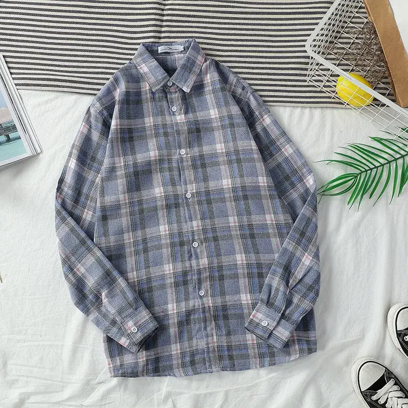 Men's Long Sleeve Plaid Shirt Korean Style Loose Casual - Image 2
