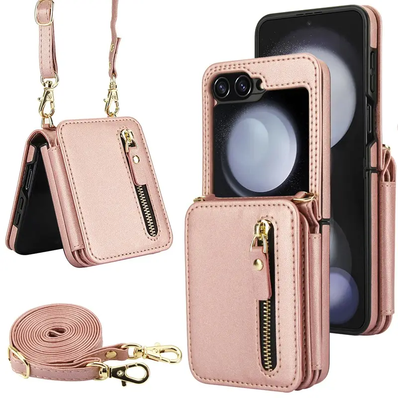 Pink Leather Crossbody Phone Case with Zipper & Strap - Image 11