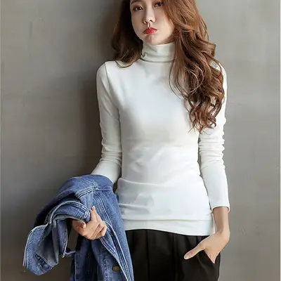Women's White Fleece Lined High Collar T-Shirt - Image 3