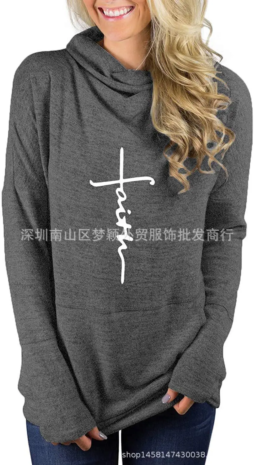 Women Grey Turtleneck Sweatshirt with White Graphic Print - Image 6