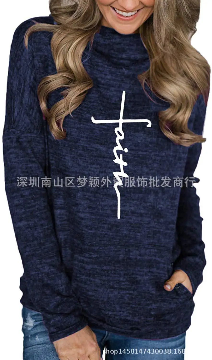 Women Grey Turtleneck Sweatshirt with White Graphic Print - Image 8