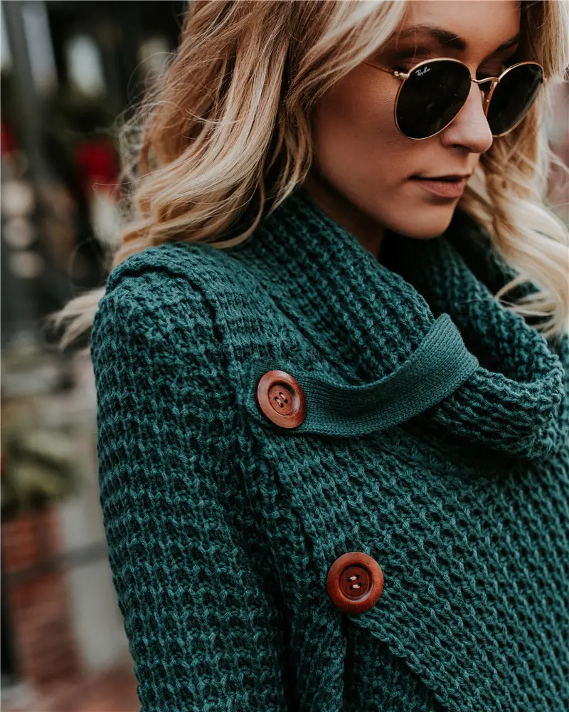 Long-sleeve 5-Button Turtleneck Sweater Women Maroon White