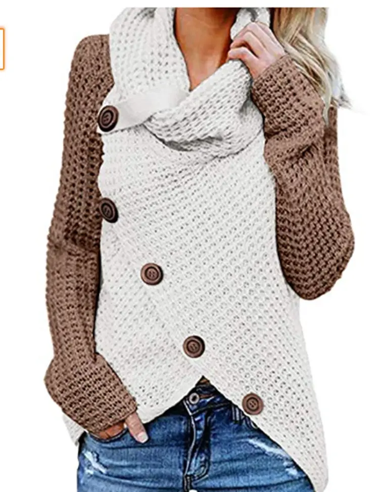 Long-sleeve 5-Button Turtleneck Sweater Women Maroon White