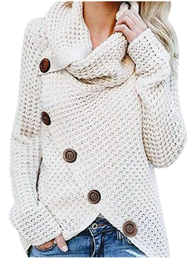 Long-sleeve 5-Button Turtleneck Sweater Women Maroon White