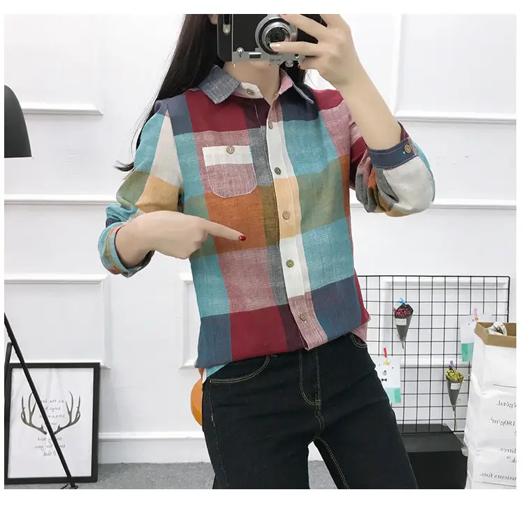 2023 Summer Korean Women Plaid Long Sleeve Shirt - Image 4