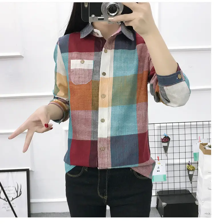 2023 Summer Korean Women Plaid Long Sleeve Shirt - Image 5