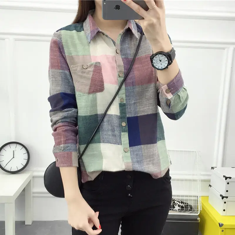 2023 Summer Korean Women Plaid Long Sleeve Shirt - Image 6