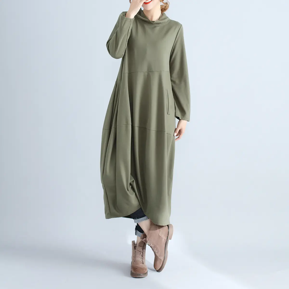 Women's 2026 Retro Lantern Skirt Dress Cotton Linen Patchwork - Image 4