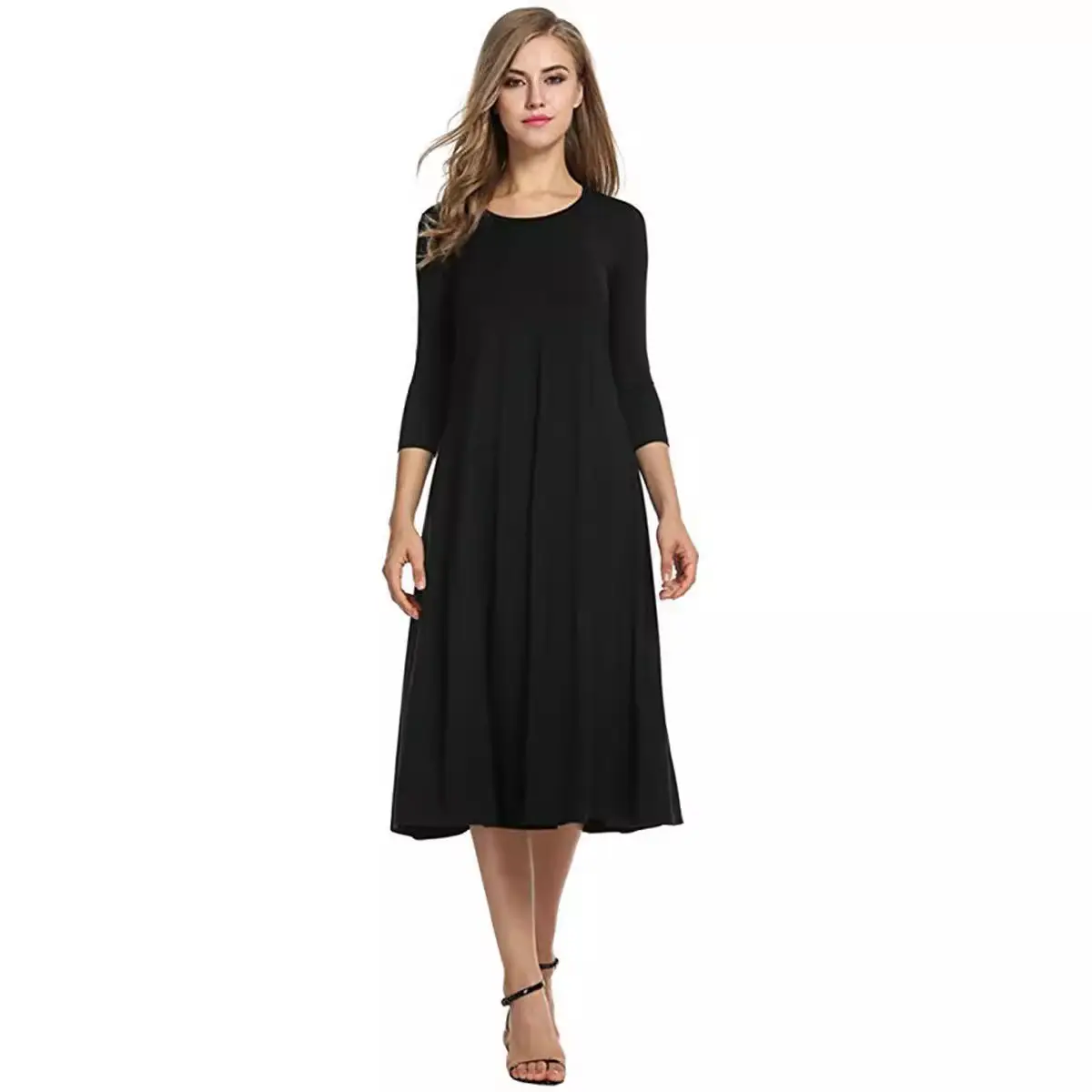 Women's Orange Round Neck Mid Sleeve Dress Large Hem - Image 17