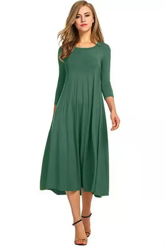 Women's Orange Round Neck Mid Sleeve Dress Large Hem - Image 12