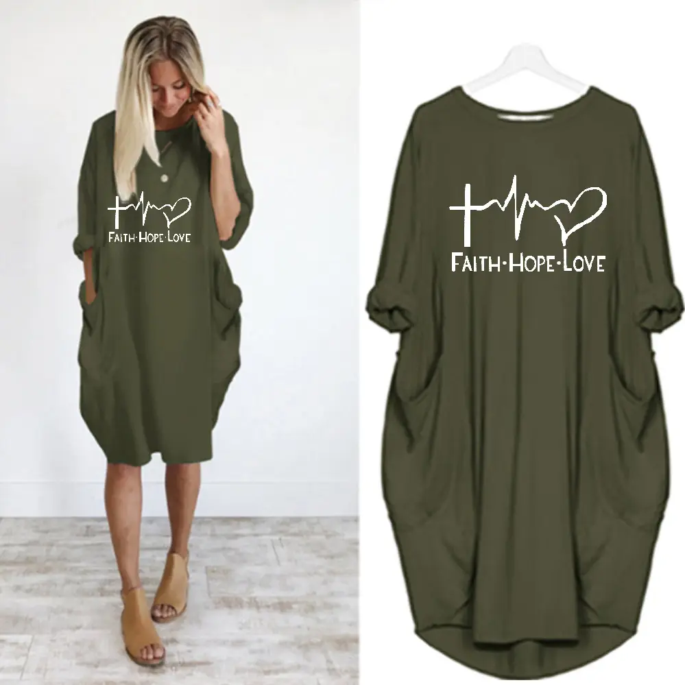 Women's Faith Hope Love Round Neck Dress Olive Green Loose Fit - Image 8