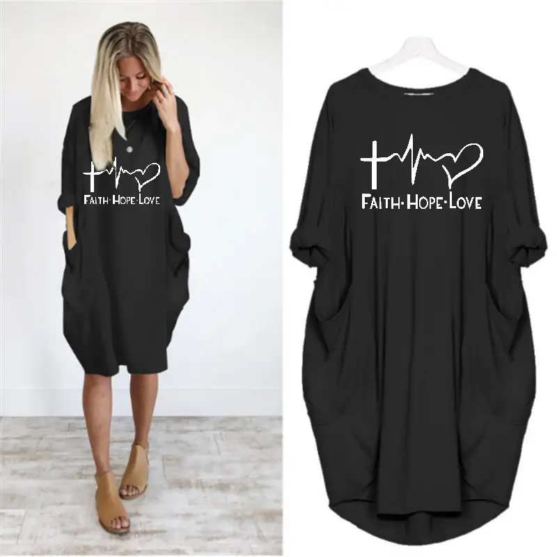 Women's Faith Hope Love Round Neck Dress Olive Green Loose Fit - Image 9