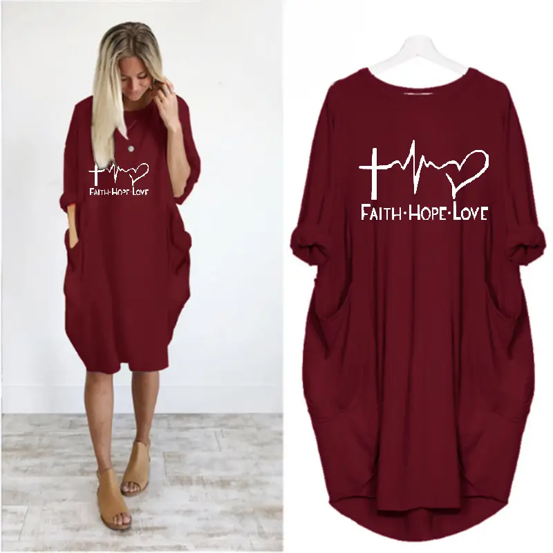Women's Faith Hope Love Round Neck Dress Olive Green Loose Fit - Image 2