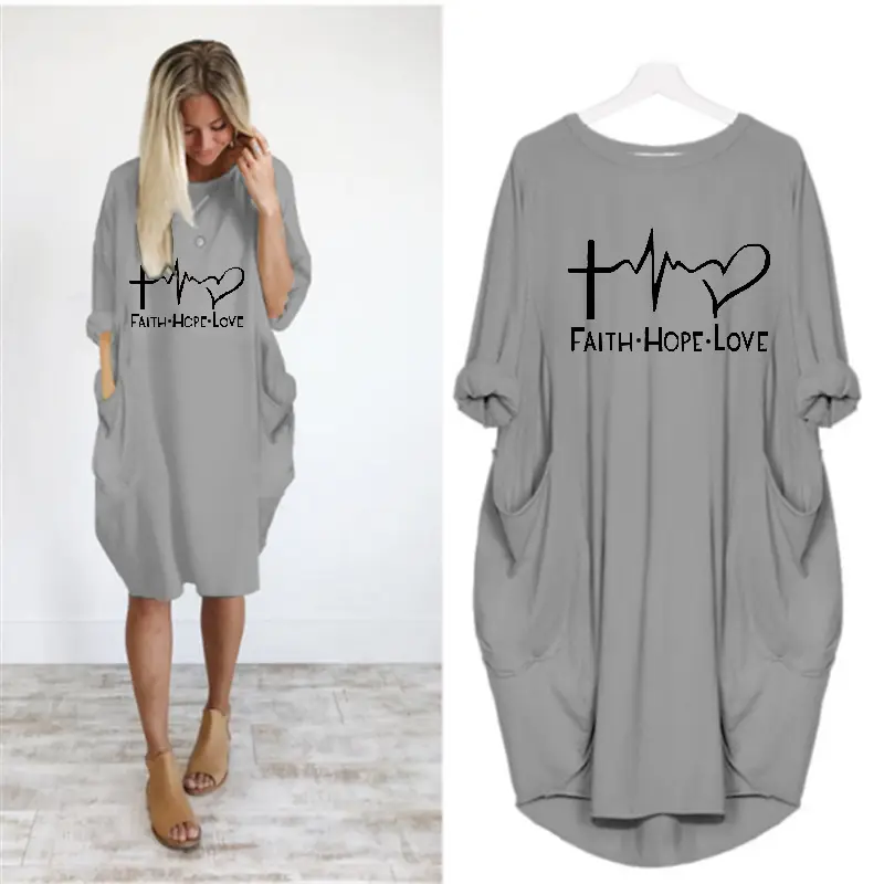 Women's Faith Hope Love Round Neck Dress Olive Green Loose Fit - Image 3