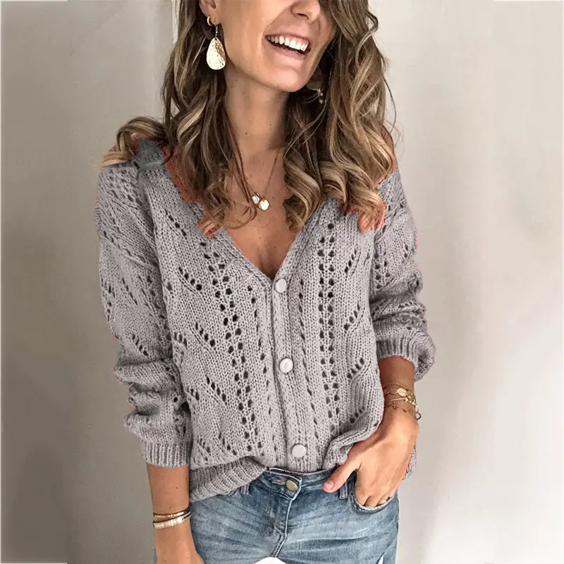 2025 Women's Cut Out Knit Cardigan Pink Blue V Neck - Image 4