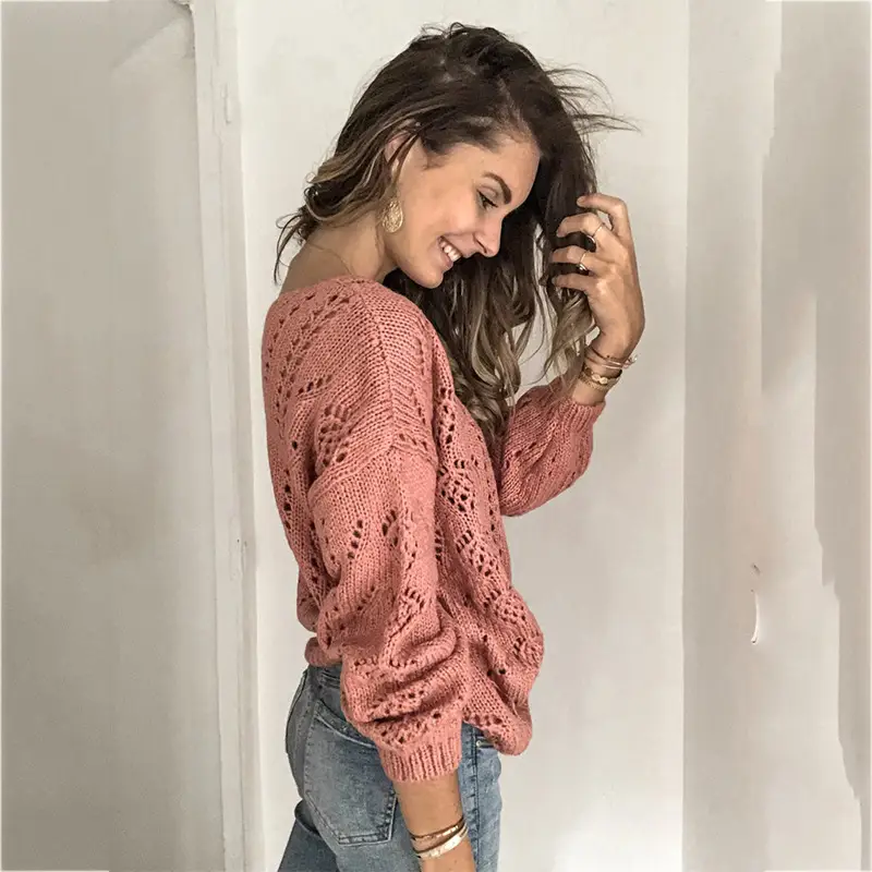 2025 Women's Cut Out Knit Cardigan Pink Blue V Neck - Image 6